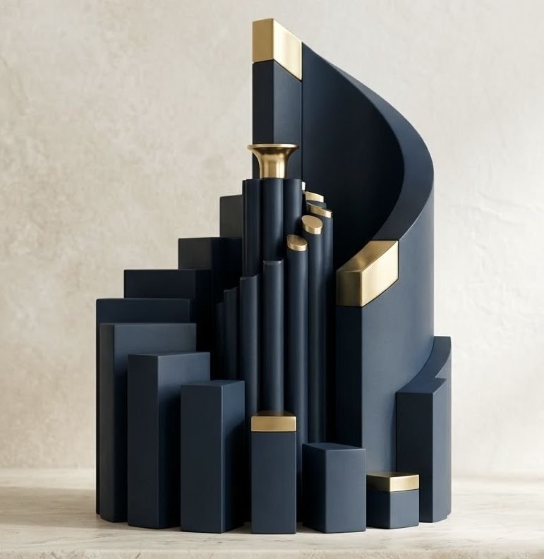 Composição escultórica de torres em degraus, em grafite azulado e latão dourado, com proporções crescentes inspiradas na sequência de Fibonacci, representando estrutura e crescimento organizacional.