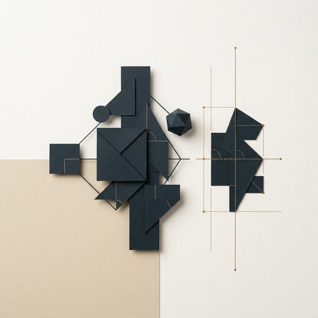 Composição de formas geométricas em grafite com linhas de construção douradas, representando a análise e a métrica da avaliação de riscos psicossociais.