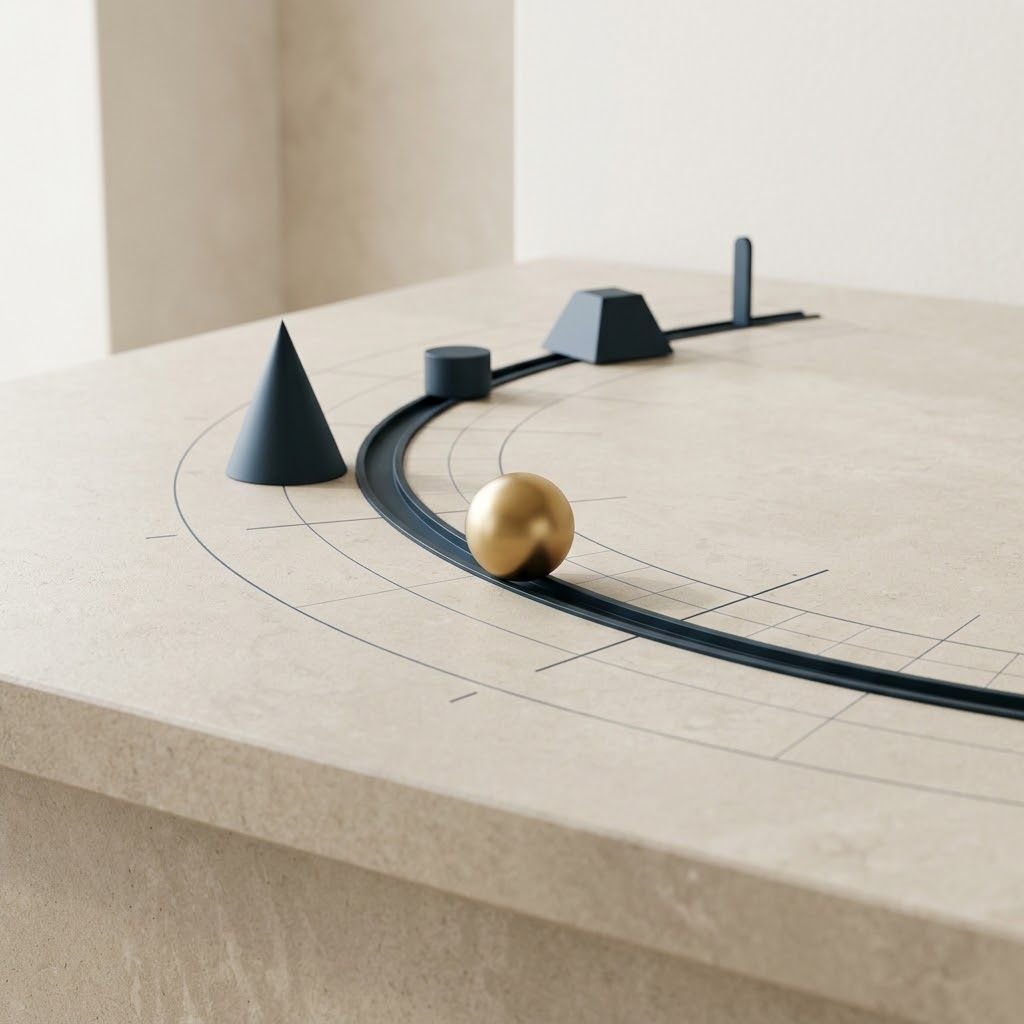 Trilho curvo escultórico com uma esfera dourada em movimento, ladeado por formas geométricas em grafite e um pino dourado, representando o percurso estruturado da gestão de riscos psicossociais pela NR-1.
